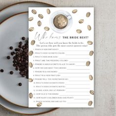 a white plate topped with chocolate chips next to a card that says when the bride best?