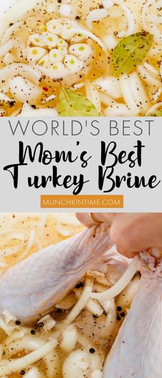 the words world's best mom's best turkey broth are in front of an image of chicken and noodles