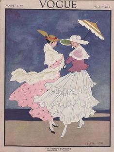 an old fashion magazine cover shows two women in dresses and hats, one holding an umbrella