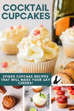 cupcakes with white frosting and sprinkles are shown in this collage