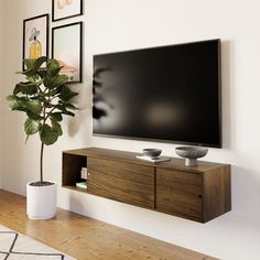 A modern living room boasts a large flat-screen TV mounted above a Krovel Oversized Media Console Table in Walnut. A potted plant rests on the hand-finished wooden floor, with two decorative bowls on the console and framed art prints elegantly displayed on the wall. White Oak Furniture, Maple Furniture, Cherry Furniture, Small Tv, Media Console Table, Dresser With Tv, Walnut Furniture, Wood Sample, French Cleat