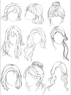 various hairstyles for girls with long hair and ponytails, drawn in pencil