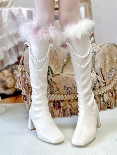 Attention : Option A includes a pair of boots and a pair of detachable light pink faux fur decorations.  Option B includes a pair of boots and a pair of detachable beige faux fur decorations. Fabric:PUShoes Details:High Block Heel  	 		 			Size 			35 			36 			37 			38 			39 		 		 			Foot Length 			22.5 			23 			23.5 			24 			24.5 		 		 			Heel 			6.5 			6.5 			6.5 			6.5 			6.5 		 		 			Height 			36 			36 			36 			36 			36 White Faux Fur Trimmed Boots, Party Boots With Faux Fur Lining, Fall Party Boots With Faux Fur, Faux Fur Boots For Party And Fall Season, Angel Boots, Fancy Boots, Light Aesthetic, Fur Decor, Fashion Shoes Boots