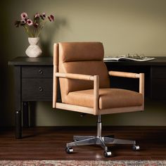 Kiano Desk Chair Modern Desk Chair, Stylish Desk, Leather Desk, Leather Office Chair, Linen Upholstery, Home Office Chairs, Four Hands, Modern Office, Top Grain Leather