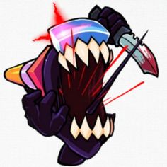 a cartoon character with an angry face and mouth, holding a large knife in one hand