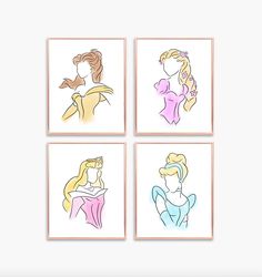 four princesses are shown in three different colors and sizes, each with their own silhouettes