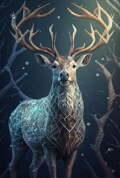 a painting of a deer standing in front of some trees