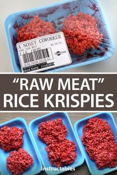 raw meat rice krispies in blue trays with price label overlaying the image