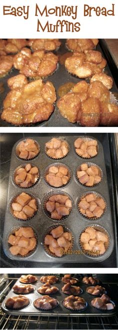 muffins are being cooked in an oven and then baked into muffin tins