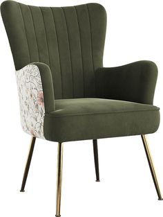 The Kapford green accent chair takes a mid-century modern silhouette and updates it with on-trend fabrics for a look that makes you take a seat. The Kapford is eco-friendly with green velvety upholstery and made with a minimum of 30% recycled material. It is detailed with vertical channel tufting that adds visual dimension to the soft texture. The gently rounded back is wrapped in a coordinating floral print fabric that will make you want to show it off from every side. Customer assembly is requ Printed Accent Chairs, Green Accent Chair, Wingback Accent Chair, Trend Fabrics, Rooms To Go, Floral Print Fabric, Upholstered Arm Chair, Affordable Furniture, Accent Chairs For Living Room