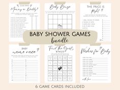 the baby shower games bundle includes 6 game cards and an in - game checklist