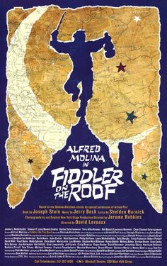 the poster for fiddler and the roof shows a man standing on top of a mountain