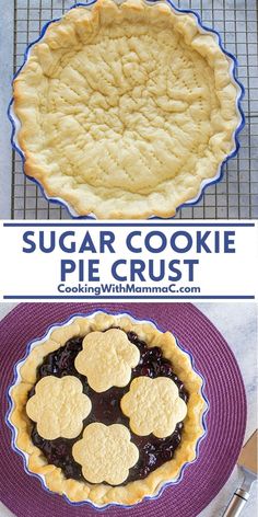 three different pies are shown with the words sugar cookie pie crust on top and bottom