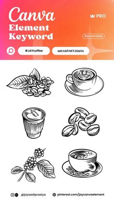 the canva element keyword is shown in black and white, with coffee cups on it