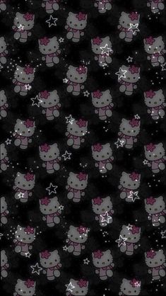 an image of hello kitty wallpaper with stars and bows on black background in the dark