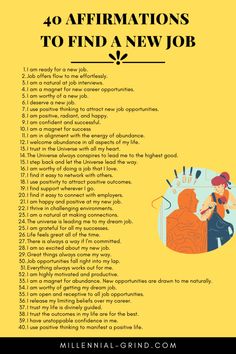 a yellow poster with the words 40 affirmations to find a new job