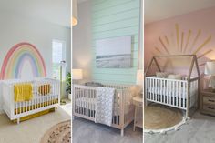 there are three different baby cribs in this room, each with a rainbow painted on the wall