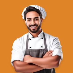 a man wearing an apron and smiling with his arms crossed