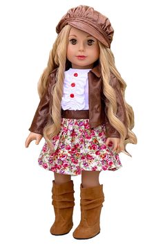 PRICES MAY VARY. Cotton, Faux leather Imported Brown faux leather motorcycle jacket with paperboy hat, pink flowery dress with white ruffled top and brown boots. 18 inch doll clothes Designed in the USA DOLL NOT INCLUDED U.S. CPSIA CHILDREN'S PRODUCTS SAFETY CERTIFIED 18 inch Doll Clothes American Girl Doll Outfits, American Girl Doll Clothes, American Girl Dolls, Pink Flowery Dress, Sasha Doll Clothes, American Girl Doll Pets, Our Generation Doll Clothes Patterns, American Girl Doll Costumes, Our Generation Doll Clothes