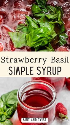 strawberry basil simple syrup in a mason jar