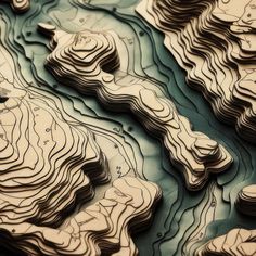 an abstract map made out of wood with mountains in the background and water below it