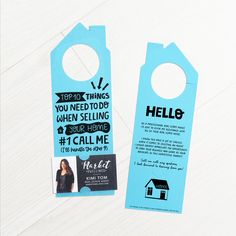 two door hangers with the words hello to you and an image of a house