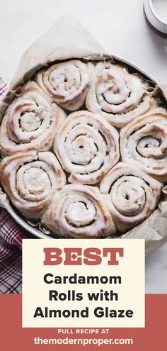 Cardamom Rolls with Almond Glaze in a baking dish with extra glaze on the size Orange Sticky Buns, Cardamom Rolls, Chia Parfait, Almond Glaze, Cardamom Buns, The Modern Proper, Modern Proper, Brunch Inspiration, Sweet Breakfast Treats