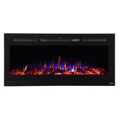 an electric fireplace with blue and red flames