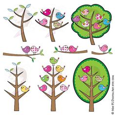 birds sitting on the branches of trees in different stages of growth, from one to five