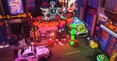 an animated city with neon lights and cars