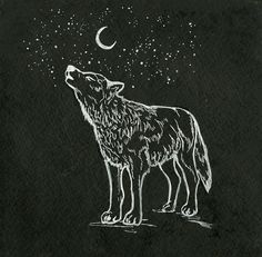 a drawing of a wolf standing in front of the moon