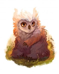 an owl is sitting in the grass with its eyes wide open