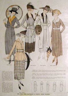 New Idea Quarterly - Summer 1918    This is an 1918 pattern catalog that was passed down to me by my grandmother. I think the illustrations are really beautiful during this period, and I love the fact that they show a little sketch of the back view for each dress. 1917 Fashion, Fashion 1910, Ladies Hats, 1910s Fashion, Fashion Drawings, Dresses Ladies, Fashion Illustration Vintage, Jeanne Lanvin, Hats Fashion