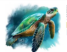 a painting of a sea turtle swimming in the blue water with splashing paint on it's back