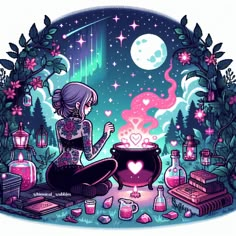 Cute Witches, Witch Aesthetic Background, Witch Aesthetic Cartoon, Pastel Goth Desktop Wallpaper, Witchy Wallpaper Desktop, Kawaii Witch Aesthetic, Witch Cartoon Aesthetic, Kawaii Witch Wallpaper, Kawaii Witch