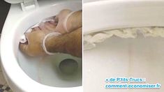 two pictures side by side one shows a man cleaning the toilet