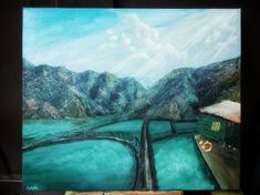 a painting of a bridge over a river with mountains in the background and blue water