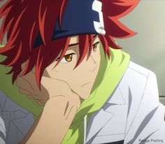 an anime character with red hair wearing a baseball cap and holding his hand to his face