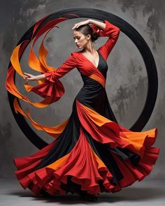 a woman in an orange and black dress is dancing with her hands on her hips