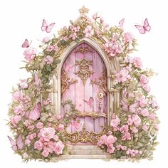 a fairy door with pink flowers and butterflies around it, painted in watercolor on white paper