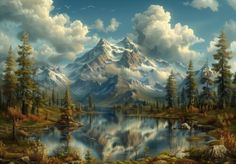 a painting of a mountain lake surrounded by pine trees and mountains with clouds in the sky