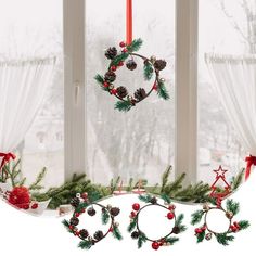 christmas wreaths and pine cones hanging in front of a window