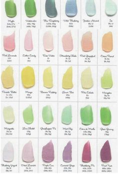 the color chart for different shades of green, yellow and pink on white paper with text below