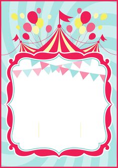 a circus tent with balloons in the sky and an empty frame for text on it