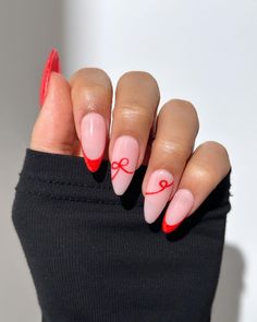 30+ Bow Nail Designs That Reflect the Essence of Coquette Elegance Nails Design With Hearts, Bows Nails Design, Black And Pink Bow Nails, Biab Nails Inspiration Winter, How To Draw A Snowflake On Nails, Thanking Nails, Christmas Bow Nails Design, Red Nails With Bow Design