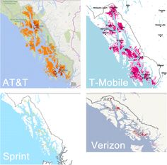 four maps showing the locations of different types of trees