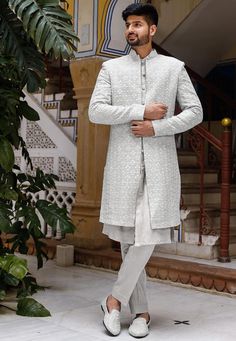 Buy Embroidered Georgette Sherwani in Light Blue Online in India - Etsy Groom Clothes, Traditional Indian Mens Clothing, Engagement Dress For Men, Engagement Dress For Groom, Indo Western Dress For Men, Georgette Jacket, Wedding Matching Outfits, Wedding Outfits Indian, Indian Wedding Clothes For Men