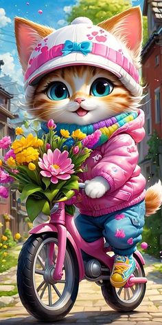 a painting of a cat riding a pink bike with flowers in it's basket