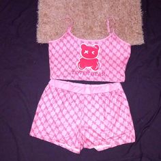 Pink Bear Letter Design 2 Piece Short Set Loungewear Soft Comfortable Sexy Breathable Fashionable Feminine Betty Boop Pink, Bridal Pajamas, Long Johns Pajamas, Flannel Nightgown, 2 Piece Short Set, Pink Onesie, Plaid Pajama Pants, Victoria Secret Pajamas, Pink Bear