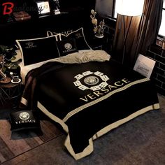 a black and white bed with versa on it